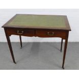 Mahogany writing desk / table, with an inset green skivver, over two short drawers, on square