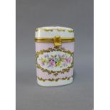 French porcelain box / jar, with hand painted flowers and gilt metal mounts, 10cm