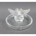 Lalique circular glass pin dish with two birds, etched mark, 12cm diameter
