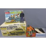 Vintage Action Man figures and accessories together with a Palitoy Scorpion Tank and a Assault