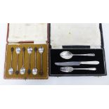 Set of six Sheffield silver coffee bean handled spoons and a Sheffield silver knife, fork and