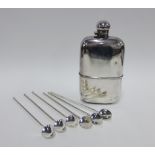 Large Epns hip flask 20cm, and a set of six long spoons with hollow straw style handles, (7)