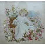 Edwardian embroidered silk panel of a girl in a rose garden, signed Isobel Thomson and dated 1902,