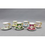 Harlequin set of six French porcelain cups and saucers, (6)