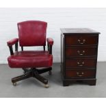 Mid to late 20th century office swivel chair with red vinyl upholstered back and seat, 90 x 63cm,