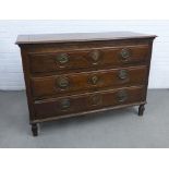 Oak chest with three long drawers with brass handles and escutcheons 133 x 92 x 56cm