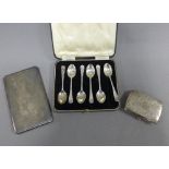 George VI silver cigarette case, Birmingham 1944, an Epns cigarette case and a set of six Birmingham