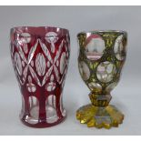 Bohemian flashed glass to include a vase and a goblet with engraved panels to include 'Johanisberg',