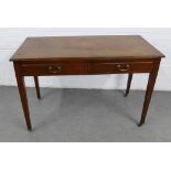 Mahogany writing desk / table with two frieze drawers, raised on square tapering legs, with brass