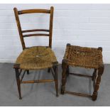 Early 20th century beech and rattan side chair with a similar stool, tallest 81cm (2)