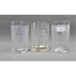 Three early 20th century etched glass tumblers, with Fountain at Kelvingrove Glasgow and