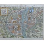 Sebastian Munster, framed map of Basile, hand coloured and framed under glass, 40 x 32cm