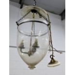 Fruit and vine etched glass hall lantern style light with two brass arms to the interior, approx