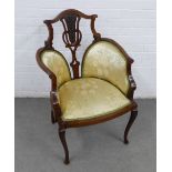 Art Nouveau style mahogany and inlaid chair with scrolling top rail, pierced splat back with