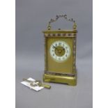 19th century French champleve enamel and brass repeater carriage clock, 19cm including handle