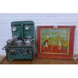 Early 20th century tin plate stove with accessories and a vintage boxed Betal Pastry Set (2)