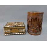 Chinese bamboo brush pot and cover carved with a village scene, 17cm, together with an Eastern