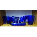 Collection of Bristol blue coloured glass to include vases, scent bottles and wine glasses, etc (