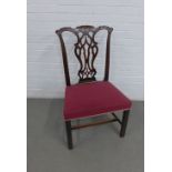 Mahogany Chippendale style side chair with carved splat back, upholstered seat and square legs and H