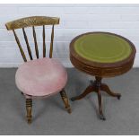 Reproduction drum table, 50 x 60cm and an early 20th century spindle back chair, (2)