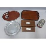 Selangor pewter and teak bar set comprising coasters, trays, cigarette boxes, etc together with