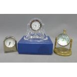 Waterford Crystal mantle clock, West end Watch Company bedside clock and another (3)