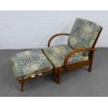 Vintage bentwood style chair with footstool, with Morris style loose cushions, 67 x 82 x 108cm