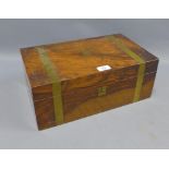 19th century rosewood and brass bound writing box, the slope with a tooled black leather skiver,