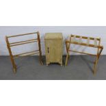 Vintage bedside cabinet, 37 x 68cm, pine towel rail and a luggage stand, (3)