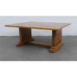 Art Deco walnut coffee table with square top, on stylised legs with plain stretcher, 92 x 76 x 39cm