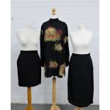 Vintage Italian black silk top with a high collar, long sleeves and matching long skirt, size 40