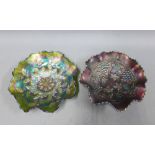 Two carnival glass bowls with frilled edge rims, 24cm (2)