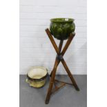 Early 20th century faux bamboo jardiniere stand with two Victorian glazed pottery planters, height