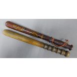 Two truncheons to include a Victorian painted truncheon and another of plain design, inscribed