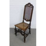 Carolean style chair with carved top rail and cane back and seat, with carved stretcher, 45 x 117cm