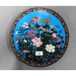 Cloisonne charger, the blue ground typically decorated with birds, flowers and foliage, 30cm