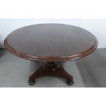 Victorian mahogany breakfast table, the circular top with a moulded edge, on a baluster column and