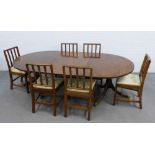 Mahogany twin pedestal dining table with one extra leaf, 225 x 71 x 127cm together with a set of six