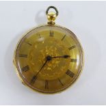 Lady's 18ct gold cased fob watch with Roman numerals, floral engraved dial and blue steel hands, 3.