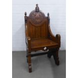 Victorian Gothic Revival Ecclesiastical oak chair,with carved acorn finials, the back with 'S CHAD'S