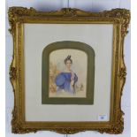 British School watercolour of a woman in a blue dress, apparently unsigned, under glass within a