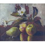 Still life of fruit and flowers, oil on canvas laid down on board, unsigned and within a velvet