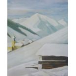 20th century coloured print of snow capped roof tops, in a glazed frame, size overall 65 x 75cm