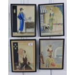 A group of four Art Deco watercolours, three are signed indistinctly, framed under glass, sizes