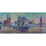 Polish School, watercolour of Krakow, signed indistinctly and framed under glass, 40 x 18cm