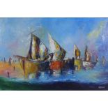 20th century oil painting of a Caribbean harbour, signed indistinctly and framed, 75 x 50cm