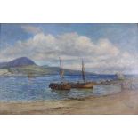 R.B Johnston, shore scene with fishing boats, oil on canvas, signed and dated 1895, framed, 90 x