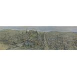 After Bryan de Grineau, panoramic view of Edinburgh, overpainted print framed under glass, size