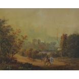 19th century British School, watercolour landscape with a rider on horseback with a bridge and