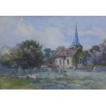 19th century school watercolour of a Church with grave headstones, entitled and signed indistinctly,